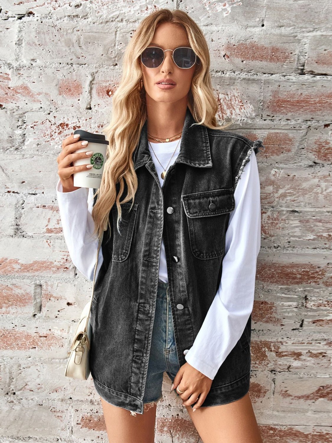 Sleeveless Button Up Denim Jacket - OMG! Rose