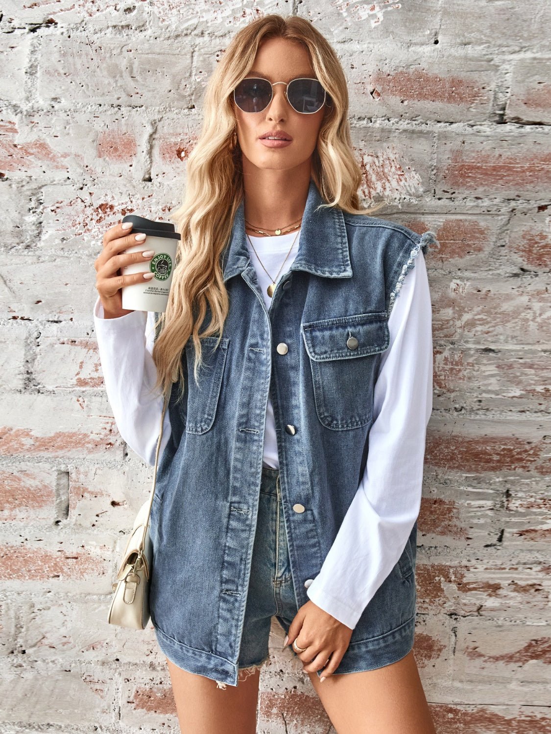 Sleeveless Button Up Denim Jacket - OMG! Rose