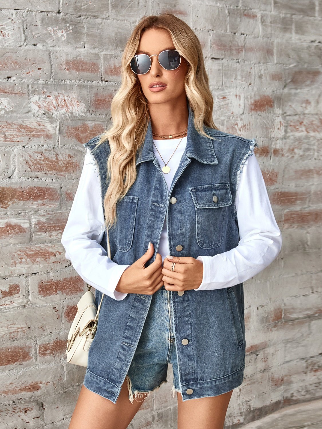 Sleeveless Button Up Denim Jacket - OMG! Rose