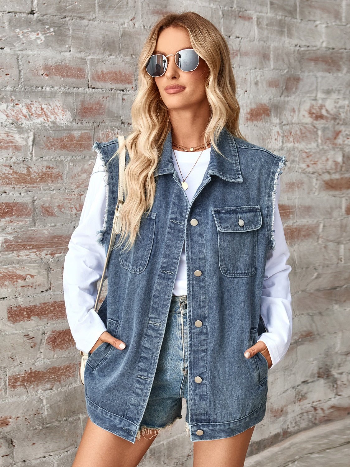 Sleeveless Button Up Denim Jacket - OMG! Rose