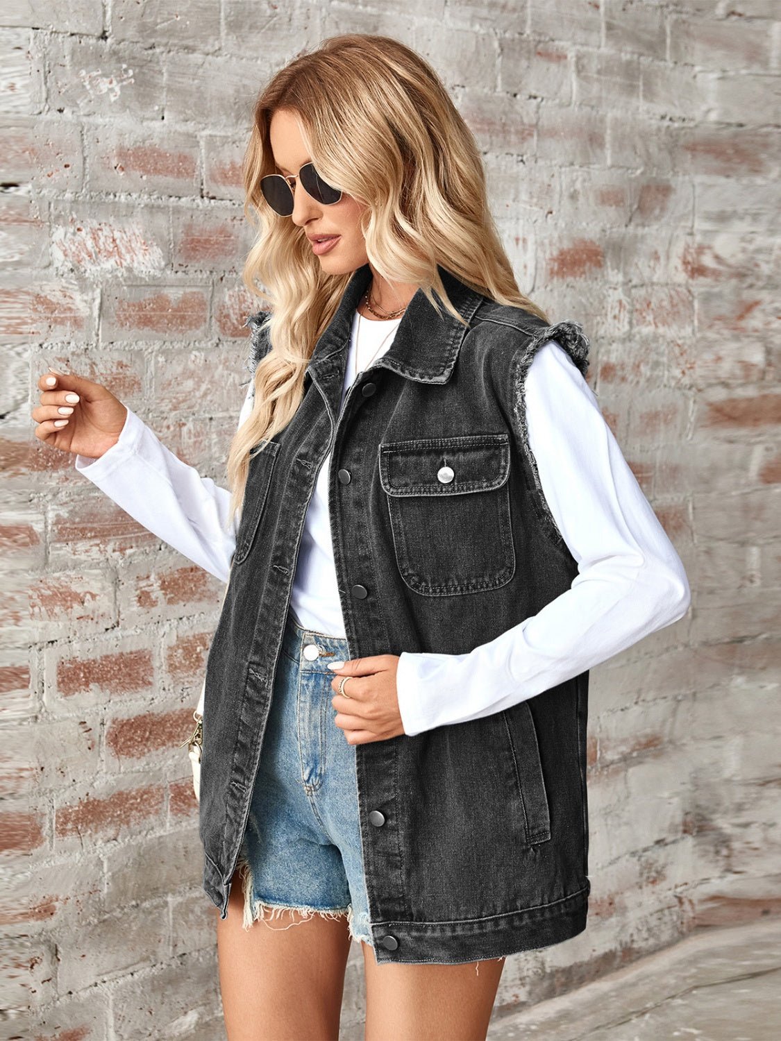 Sleeveless Button Up Denim Jacket - OMG! Rose