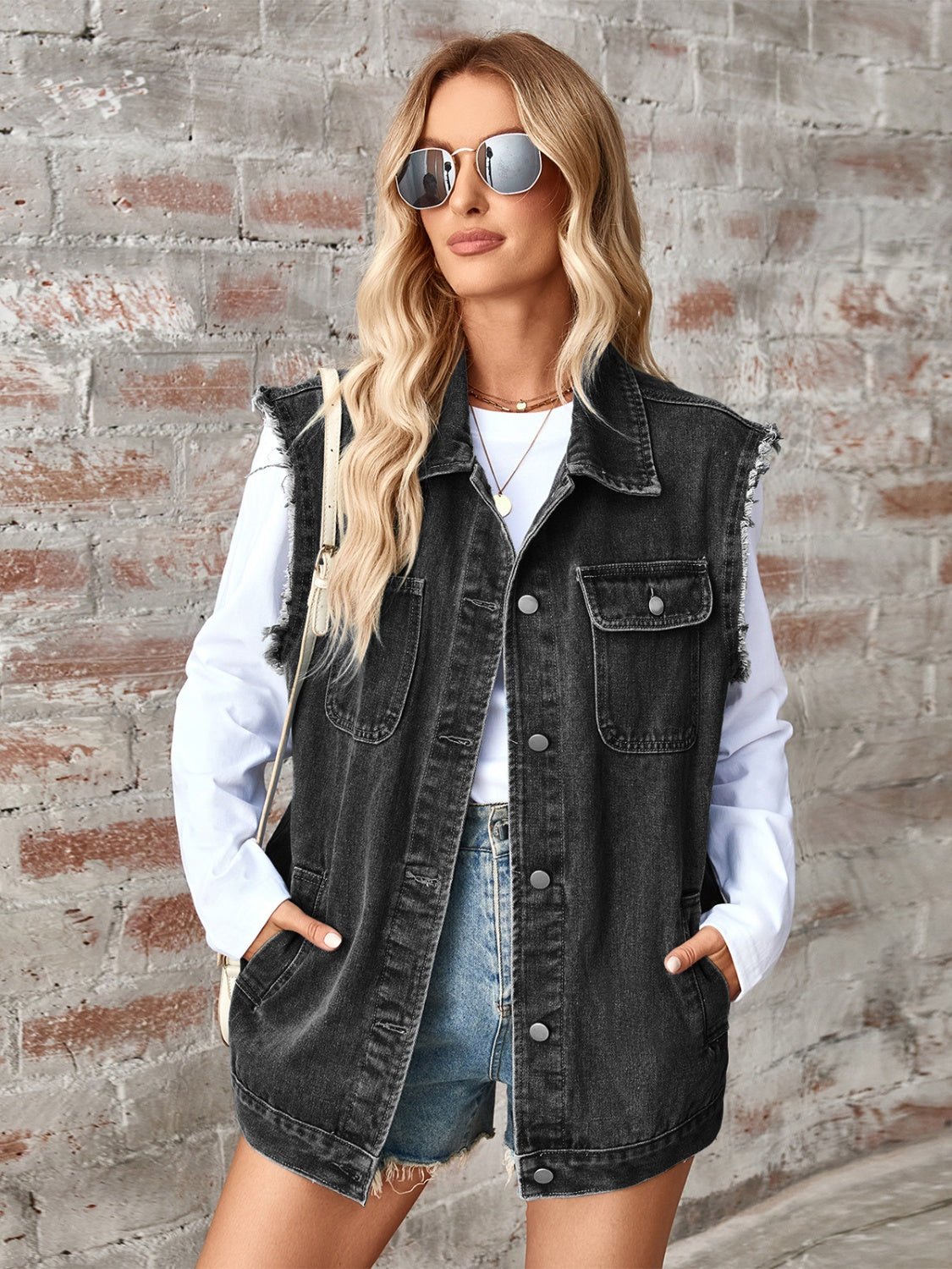 Sleeveless Button Up Denim Jacket - OMG! Rose