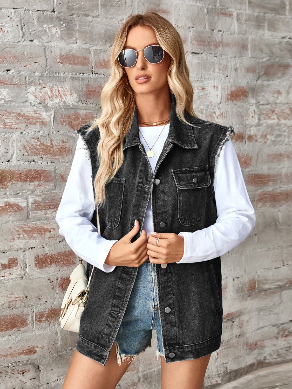 Sleeveless Button Up Denim Jacket - OMG! Rose