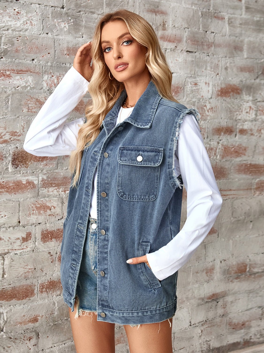 Sleeveless Button Up Denim Jacket - OMG! Rose