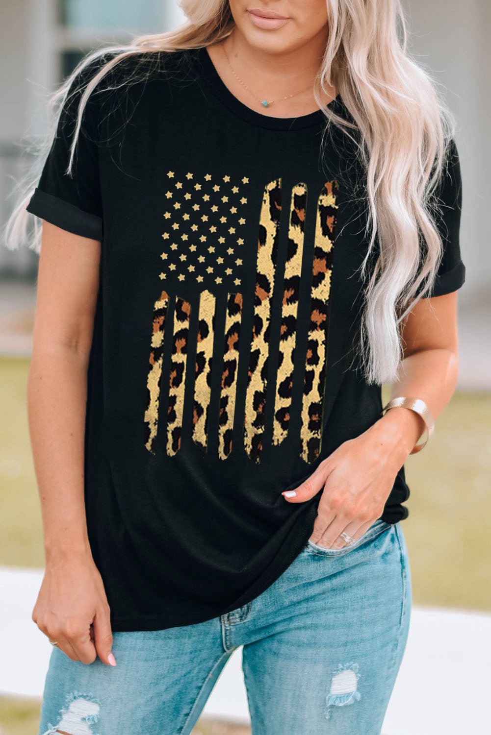 Stars and Stripes Graphic Round Neck Tee - OMG! Rose