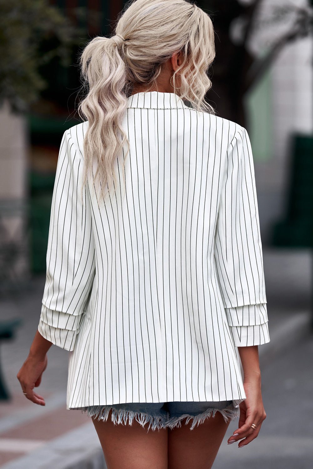 Striped Double - Breasted Long Sleeve Blazer - OMG! Rose