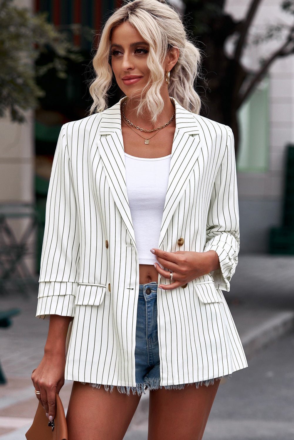 Striped Double - Breasted Long Sleeve Blazer - OMG! Rose