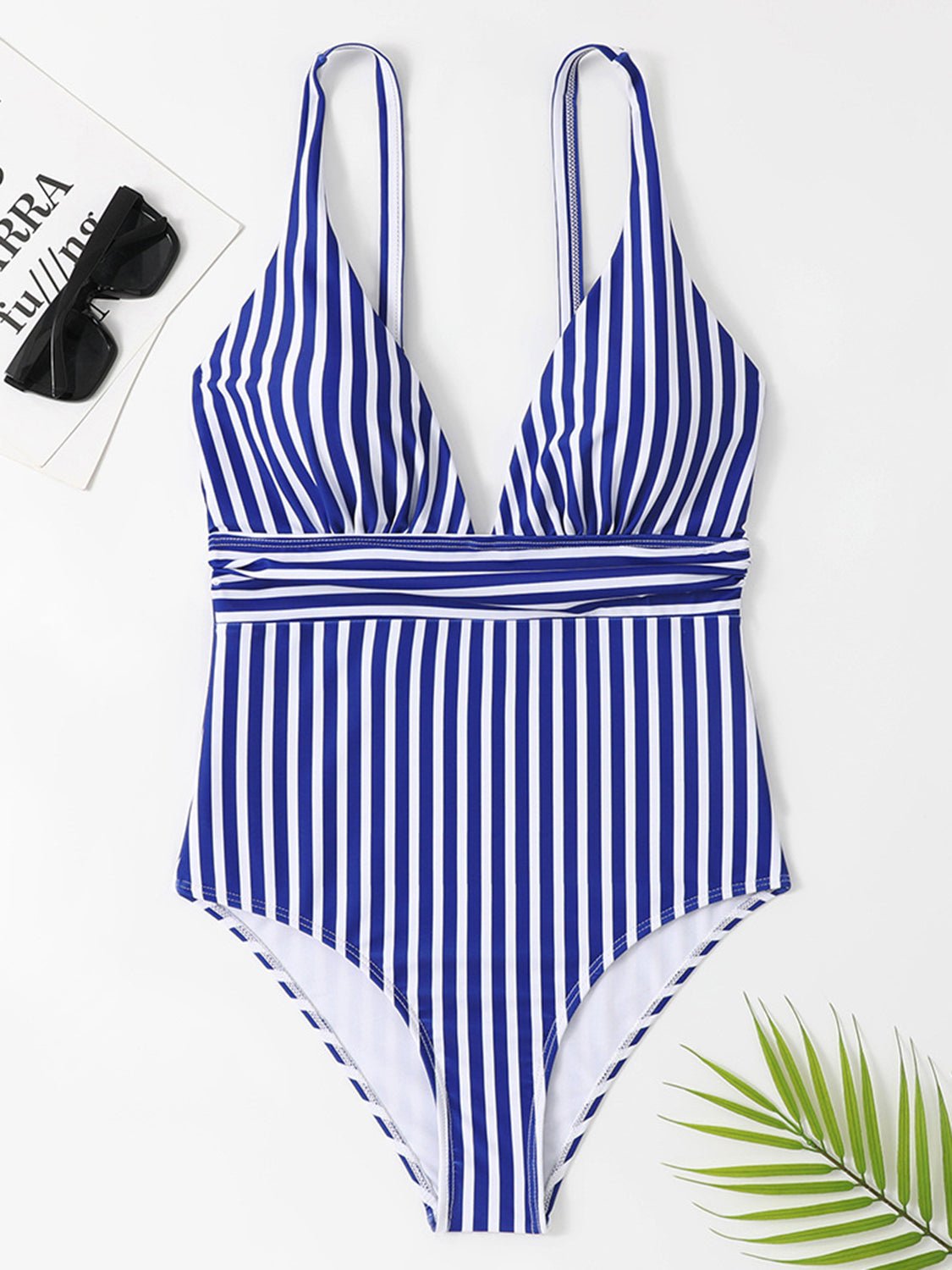 Striped Plunge Sleeveless One-Piece Swimwear - OMG! Rose