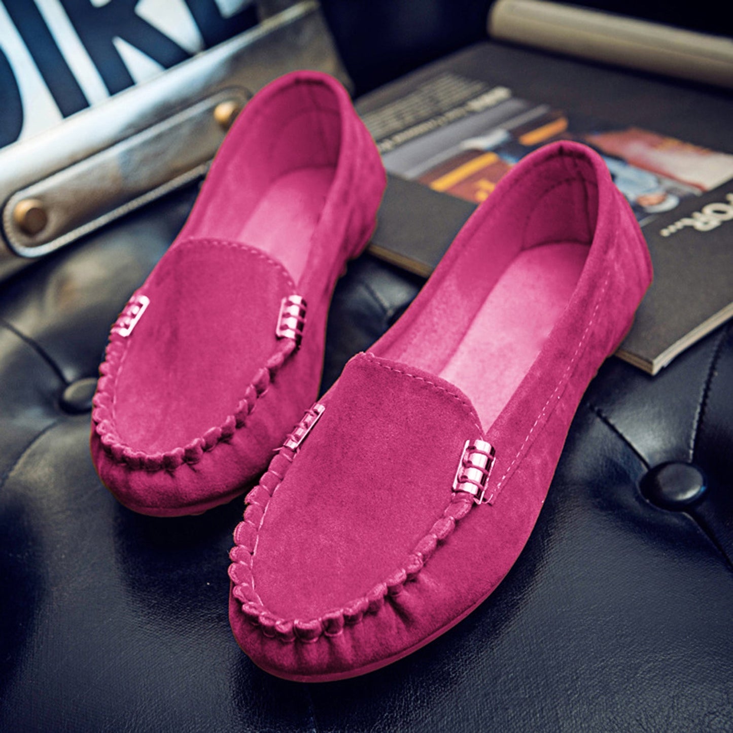 Suede Metal Decor Stitch Detail Flat Loafers - OMG! Rose