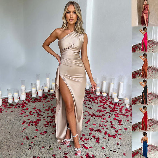 Summer Elegant One - Shoulder Backless Split Satin Dress - OMG! Rose