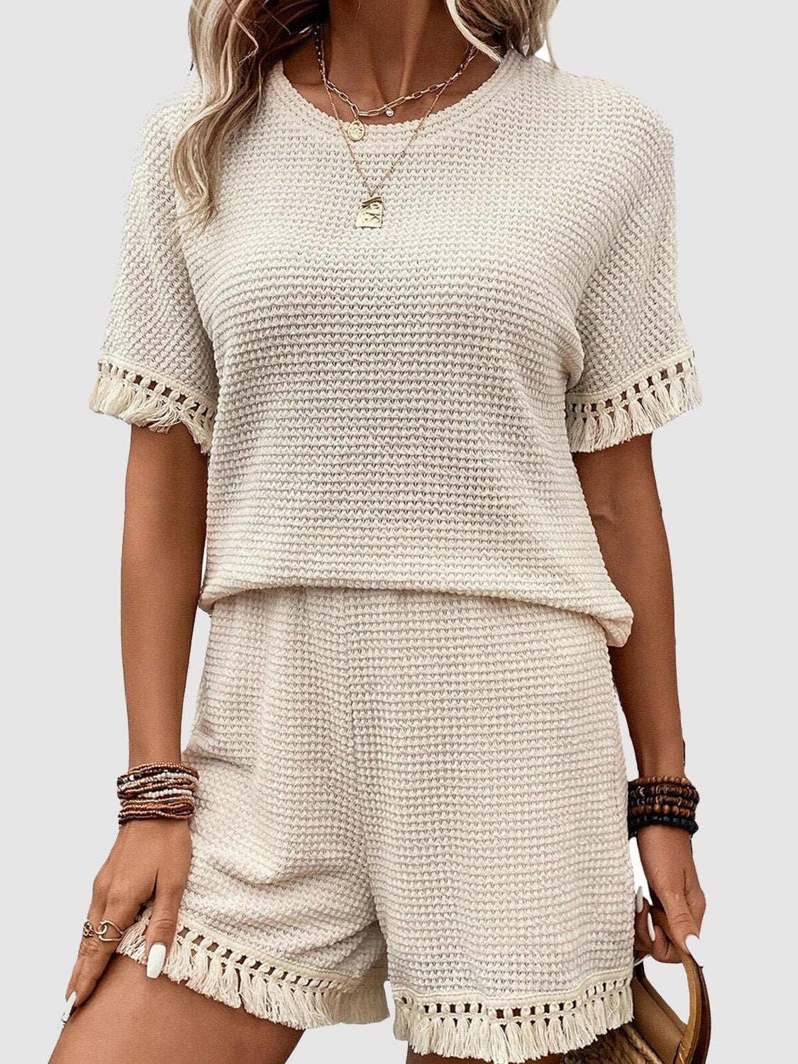 Tassel Round Neck Top and Shorts Set - OMG! Rose