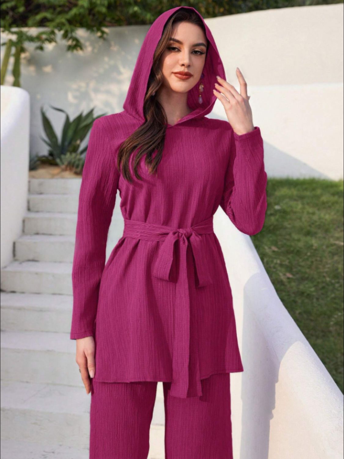 Tied Long Sleeve Hooded Top and Pants Set - OMG! Rose