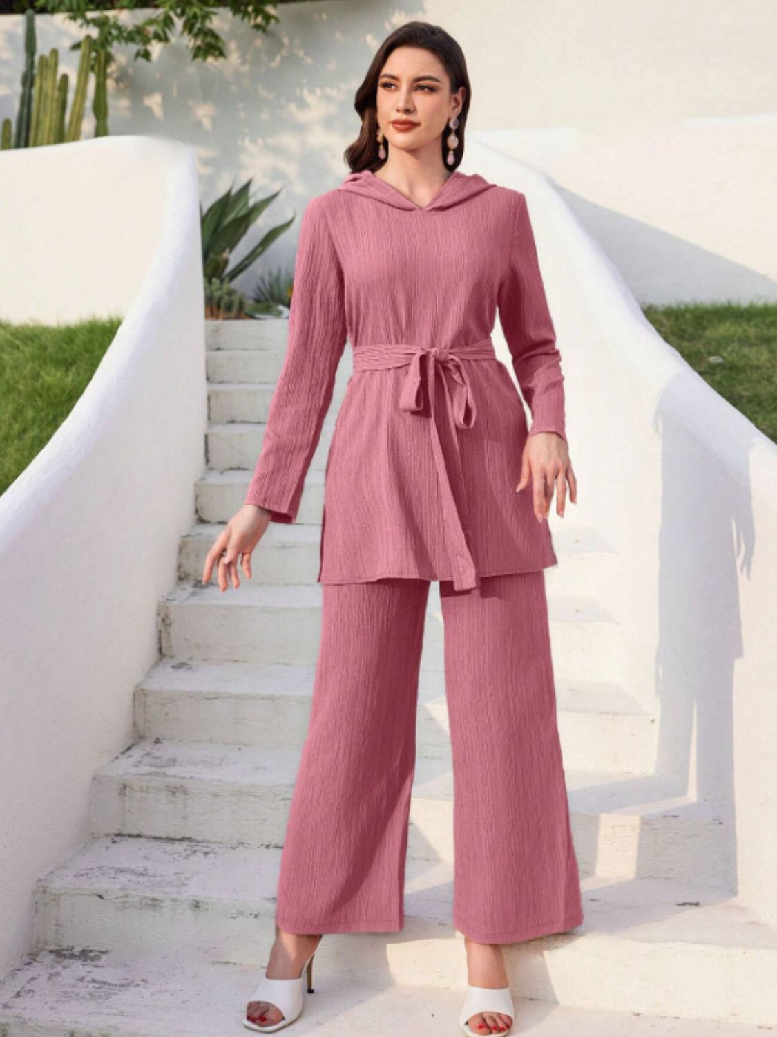 Tied Long Sleeve Hooded Top and Pants Set - OMG! Rose