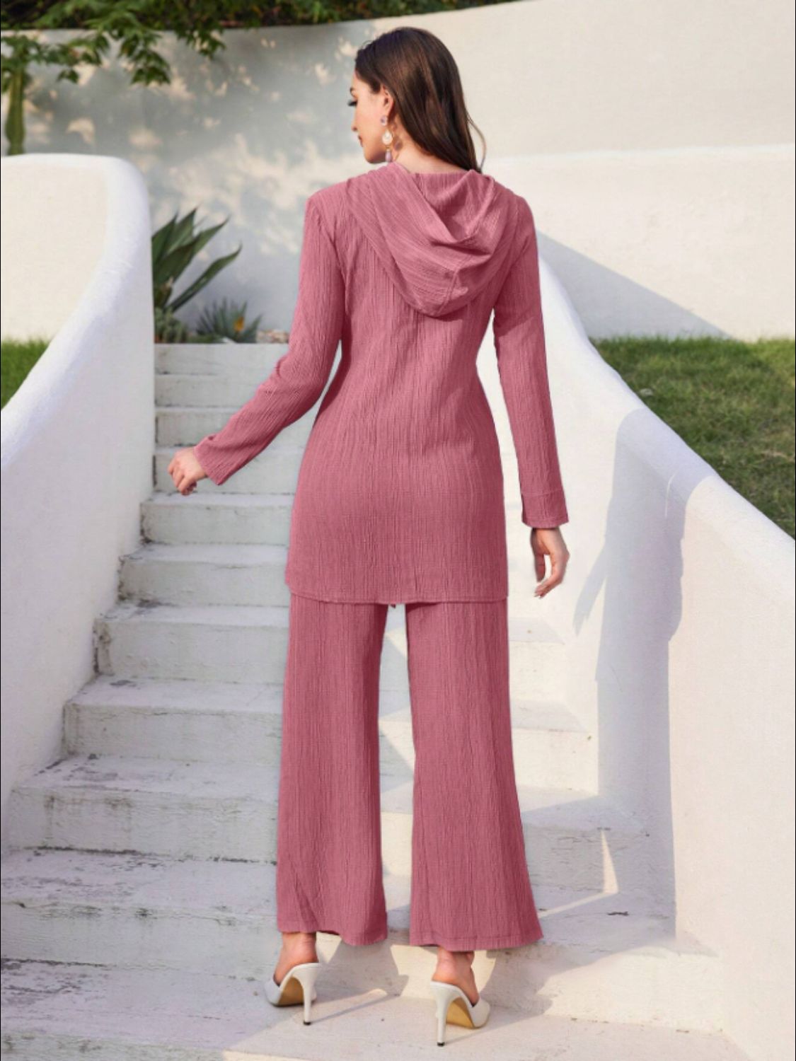 Tied Long Sleeve Hooded Top and Pants Set - OMG! Rose