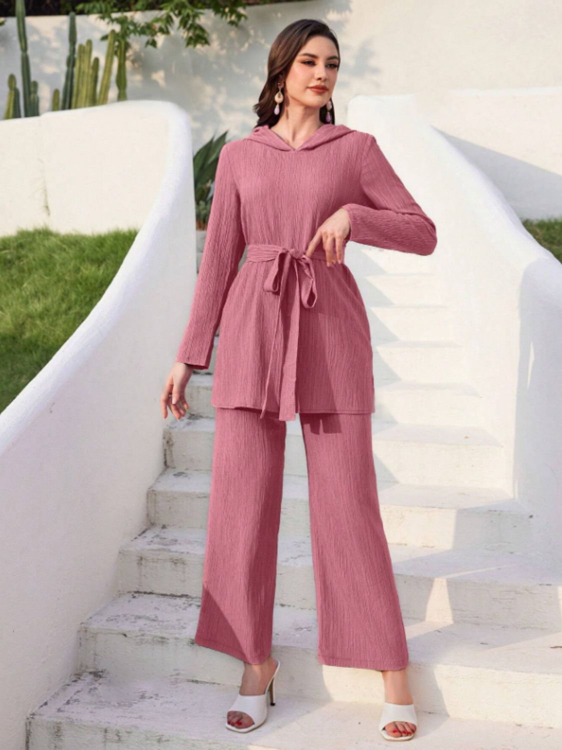 Tied Long Sleeve Hooded Top and Pants Set - OMG! Rose