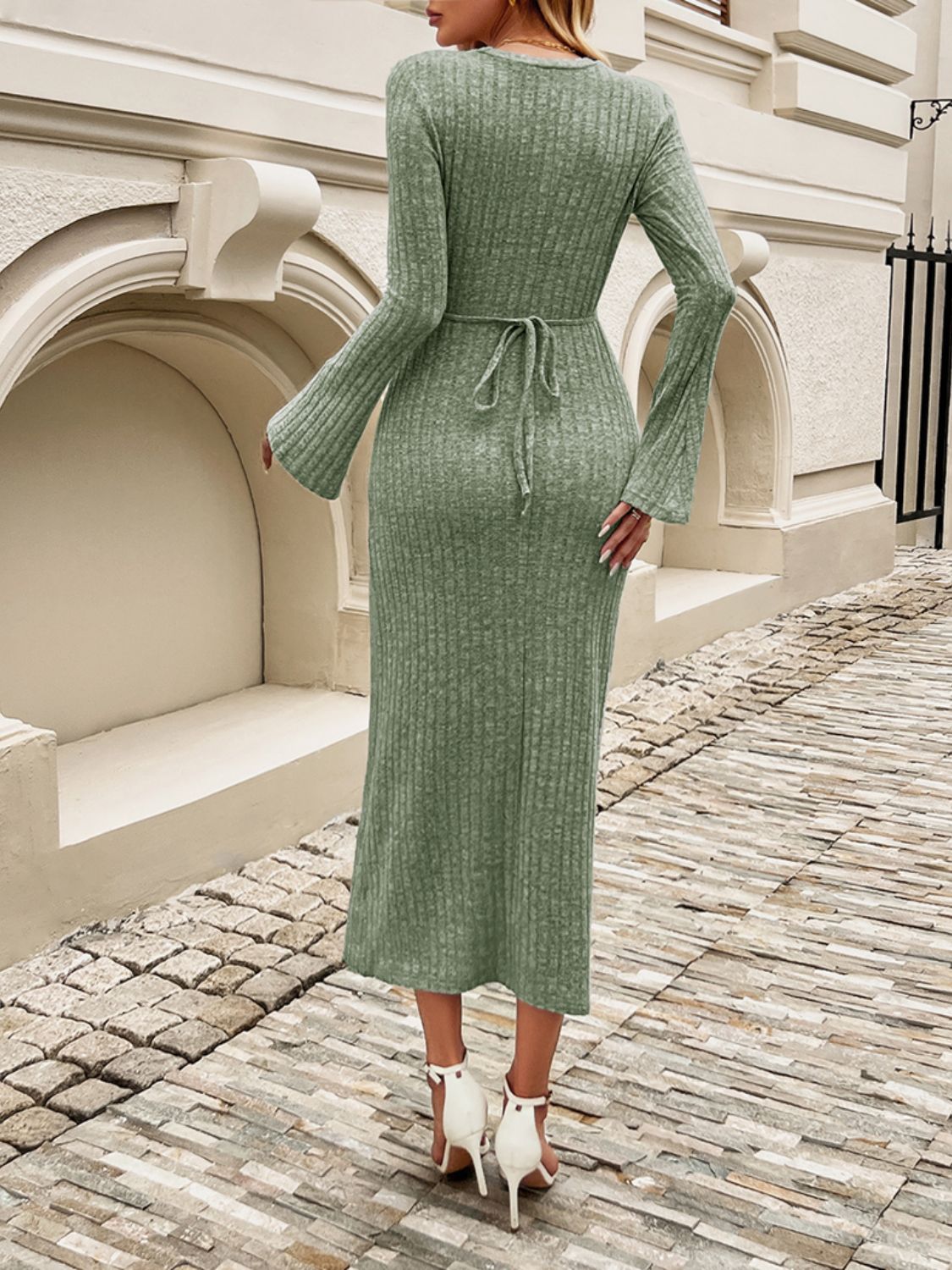 Tied Round Neck Long Sleeve Midi Dress - OMG! Rose