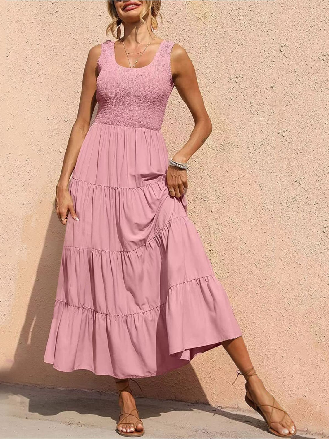 Tiered Smocked Wide Strap Dress - OMG! Rose