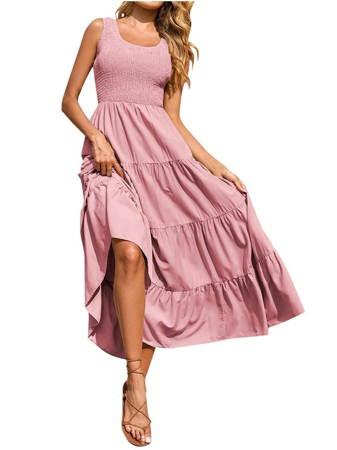 Tiered Smocked Wide Strap Dress - OMG! Rose