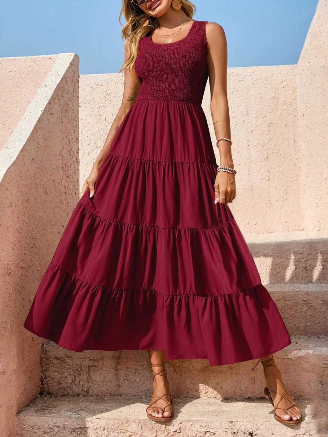 Tiered Smocked Wide Strap Dress - OMG! Rose