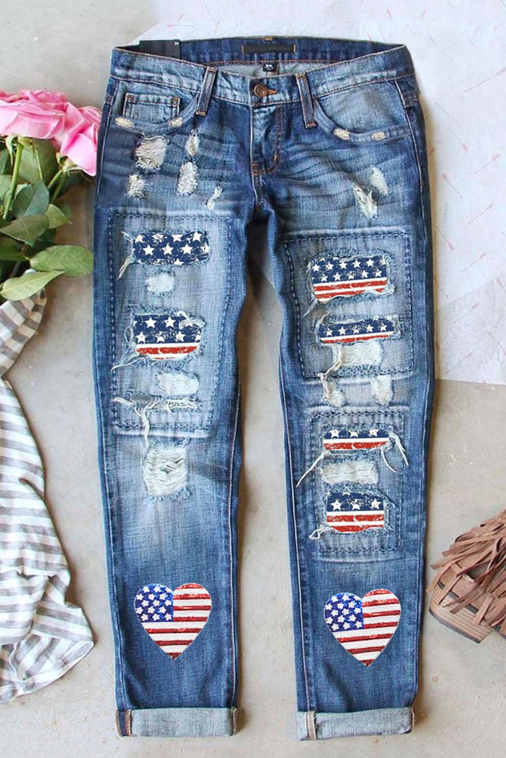 US Flag Distressed Straight Jeans - OMG! Rose