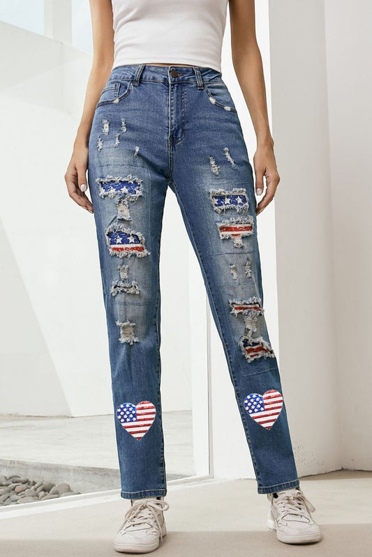 US Flag Distressed Straight Jeans - OMG! Rose