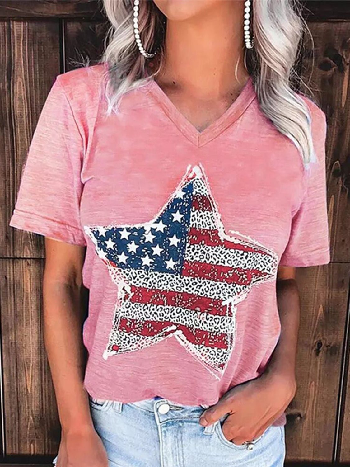 US Flag Graphic V-Neck Short Sleeve T-Shirt - OMG! Rose