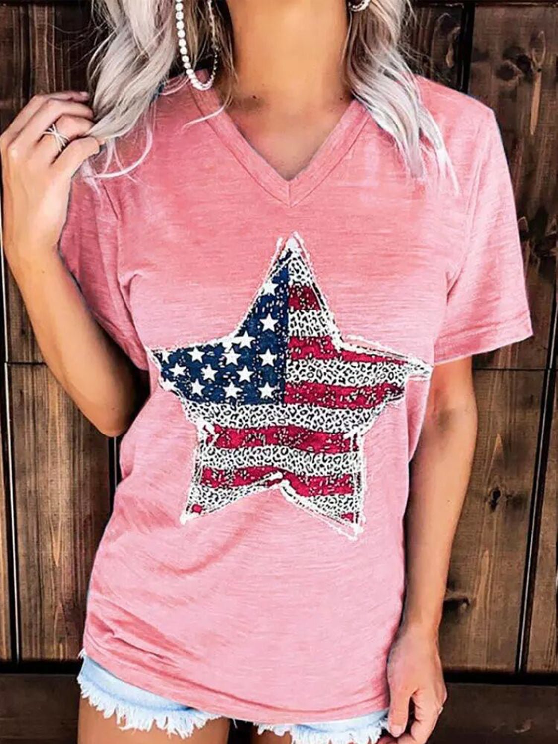 US Flag Graphic V-Neck Short Sleeve T-Shirt - OMG! Rose