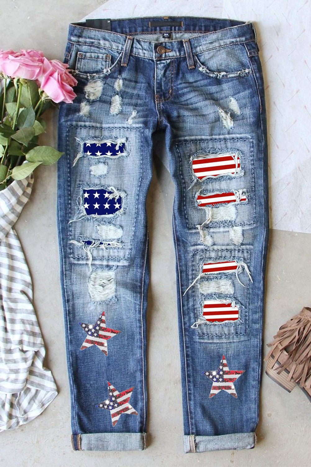 US Flag Mid-Rise Waist Straight Jeans - OMG! Rose
