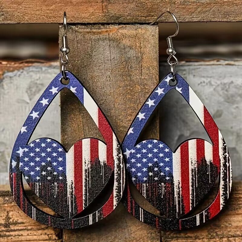 US Flag Pattern Wooden Earrings - OMG! Rose