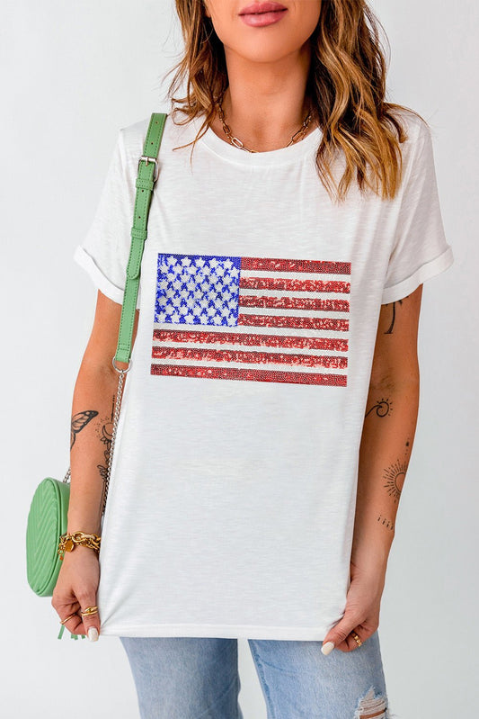 US Flag Round Neck Short Sleeve T-Shirt - OMG! Rose