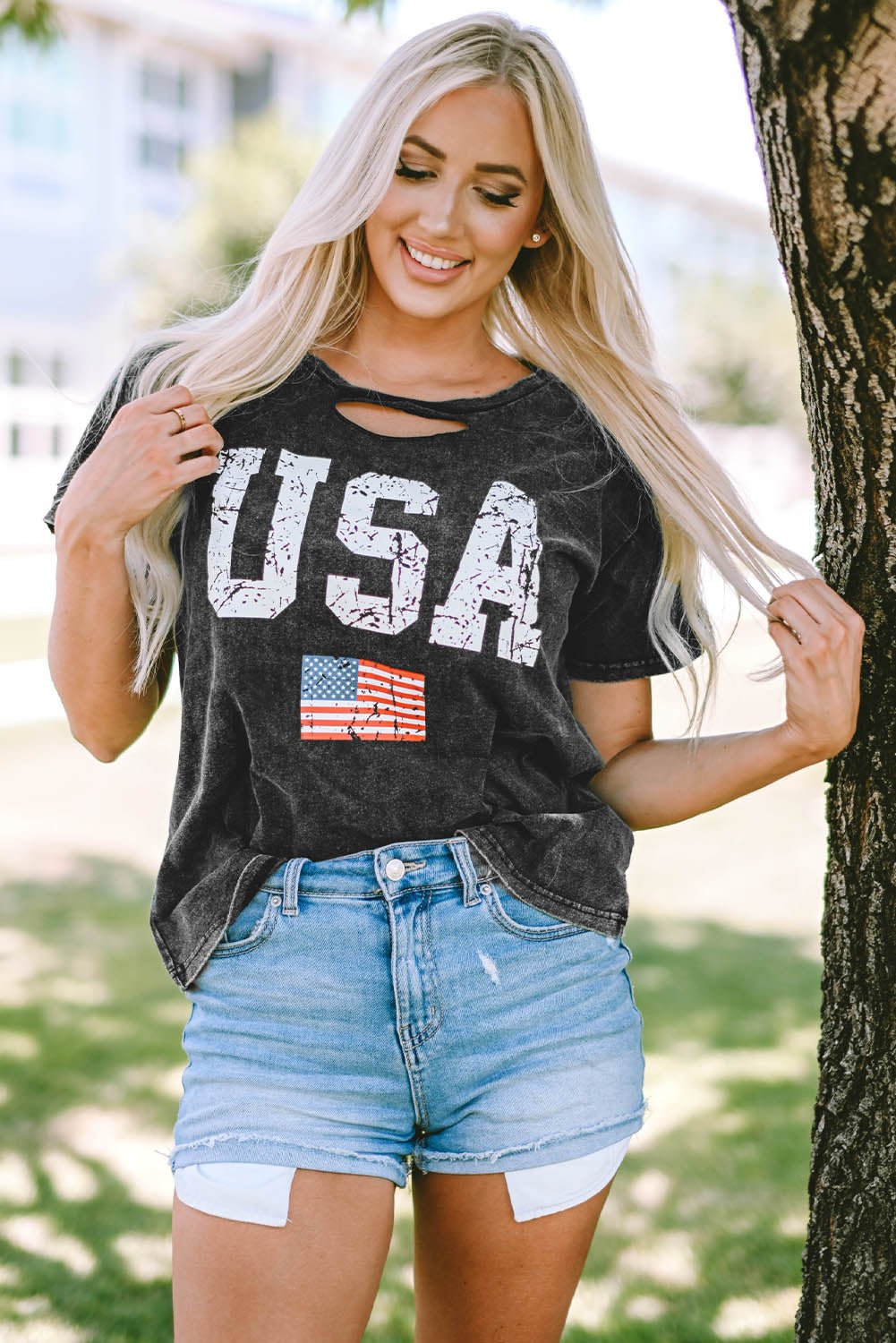 USA Cutout Round Neck Short Sleeve T-Shirt - OMG! Rose