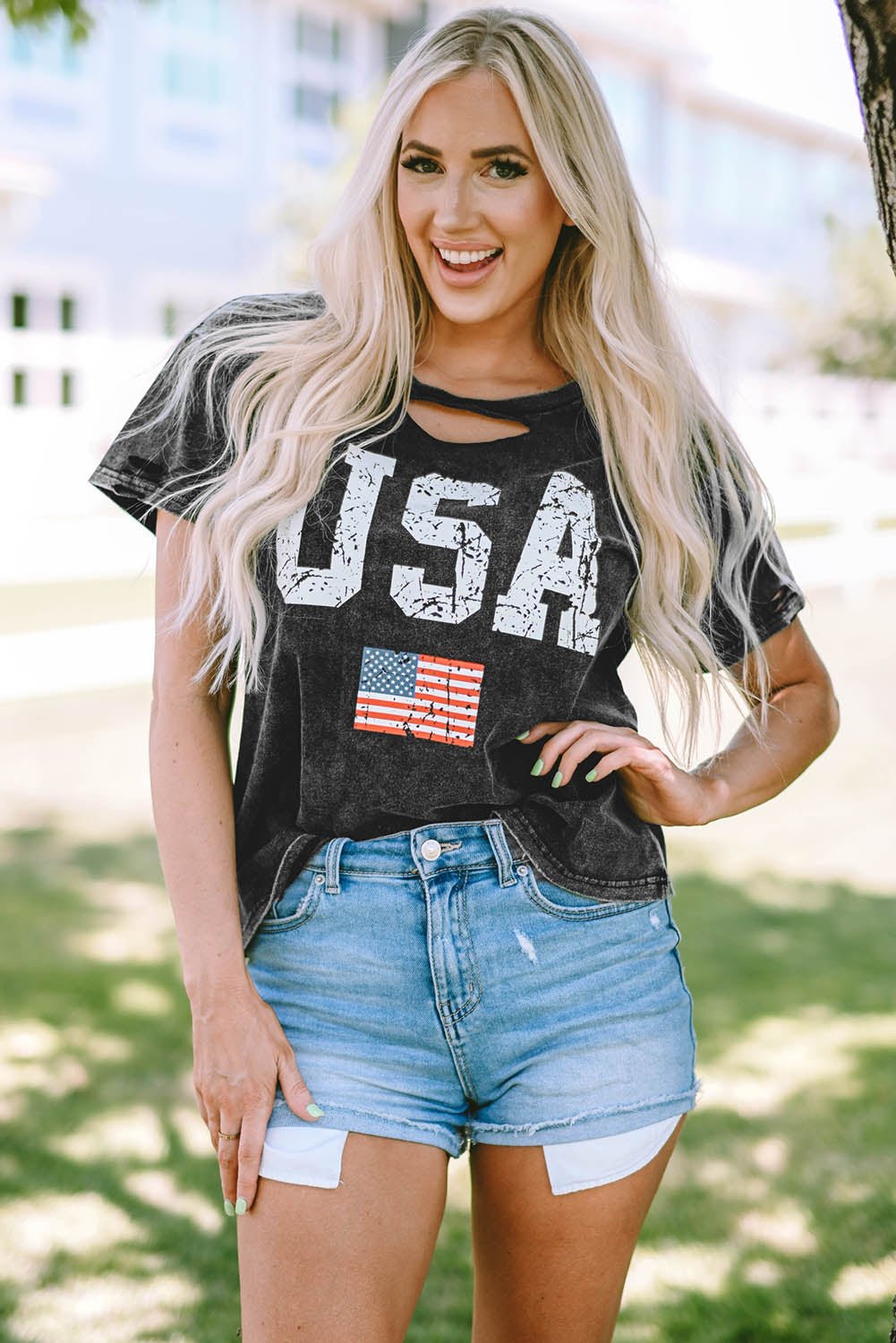 USA Cutout Round Neck Short Sleeve T-Shirt - OMG! Rose