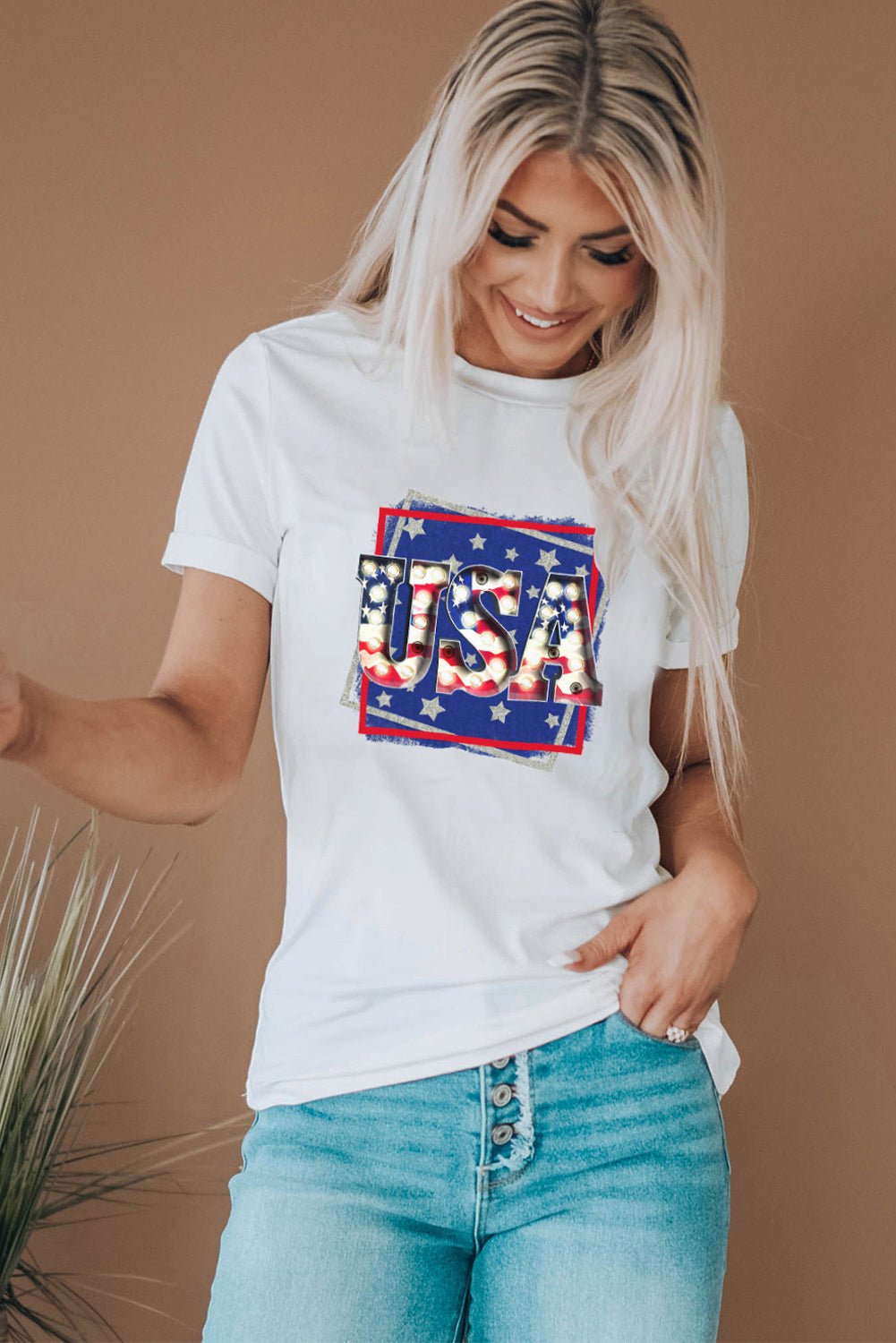 USA Graphic Round Neck Tee Shirt - OMG! Rose