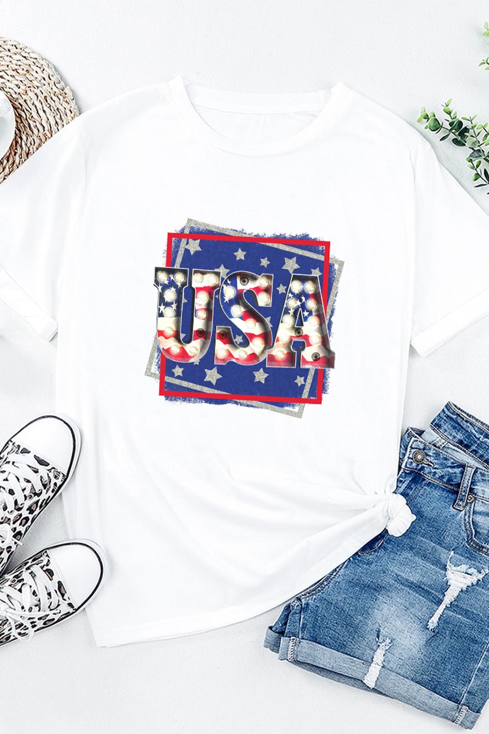 USA Graphic Round Neck Tee Shirt - OMG! Rose