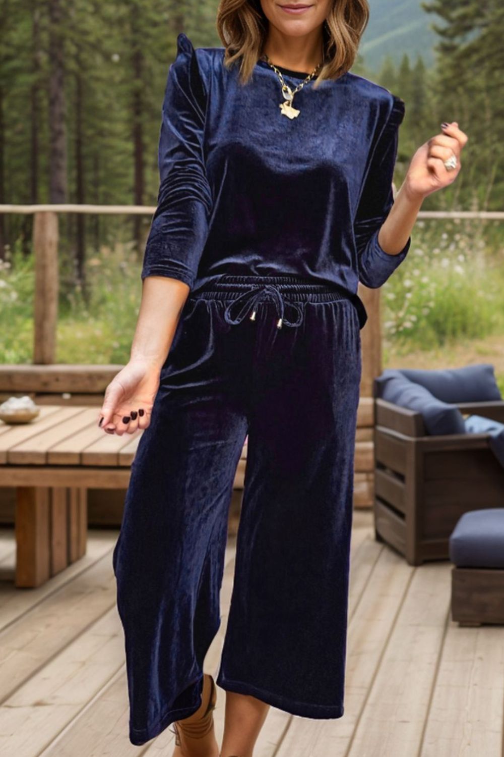 Velvet Round Neck Long Sleeve Top and Drawstring Pants Lounge Set - OMG! Rose