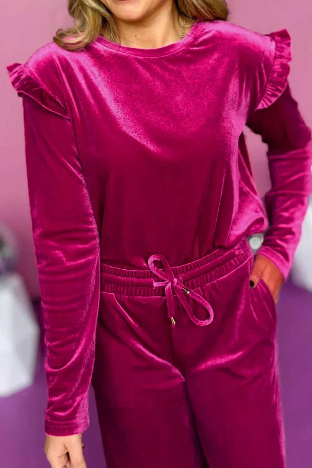 Velvet Round Neck Long Sleeve Top and Drawstring Pants Lounge Set - OMG! Rose