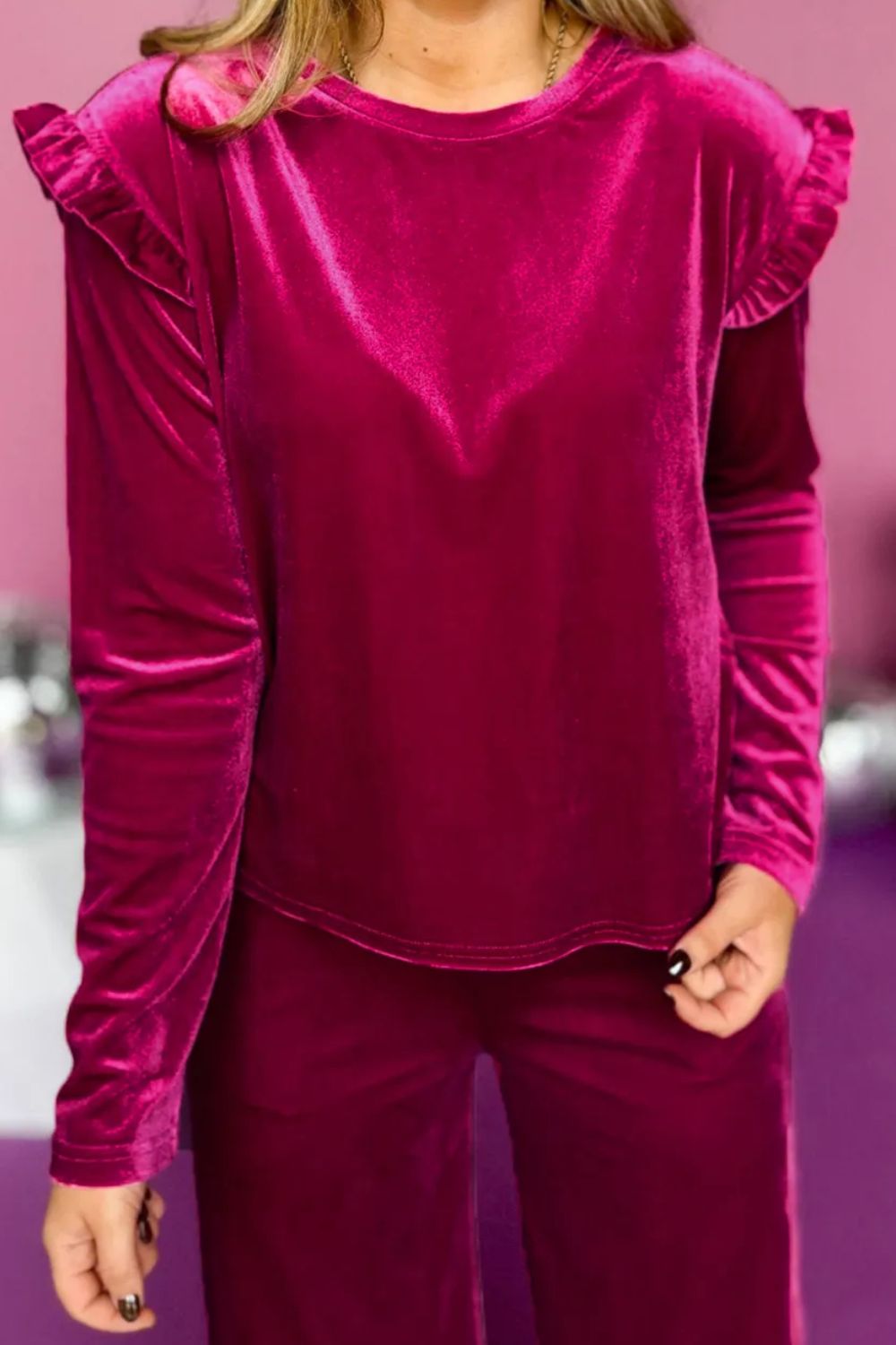 Velvet Round Neck Long Sleeve Top and Drawstring Pants Lounge Set - OMG! Rose