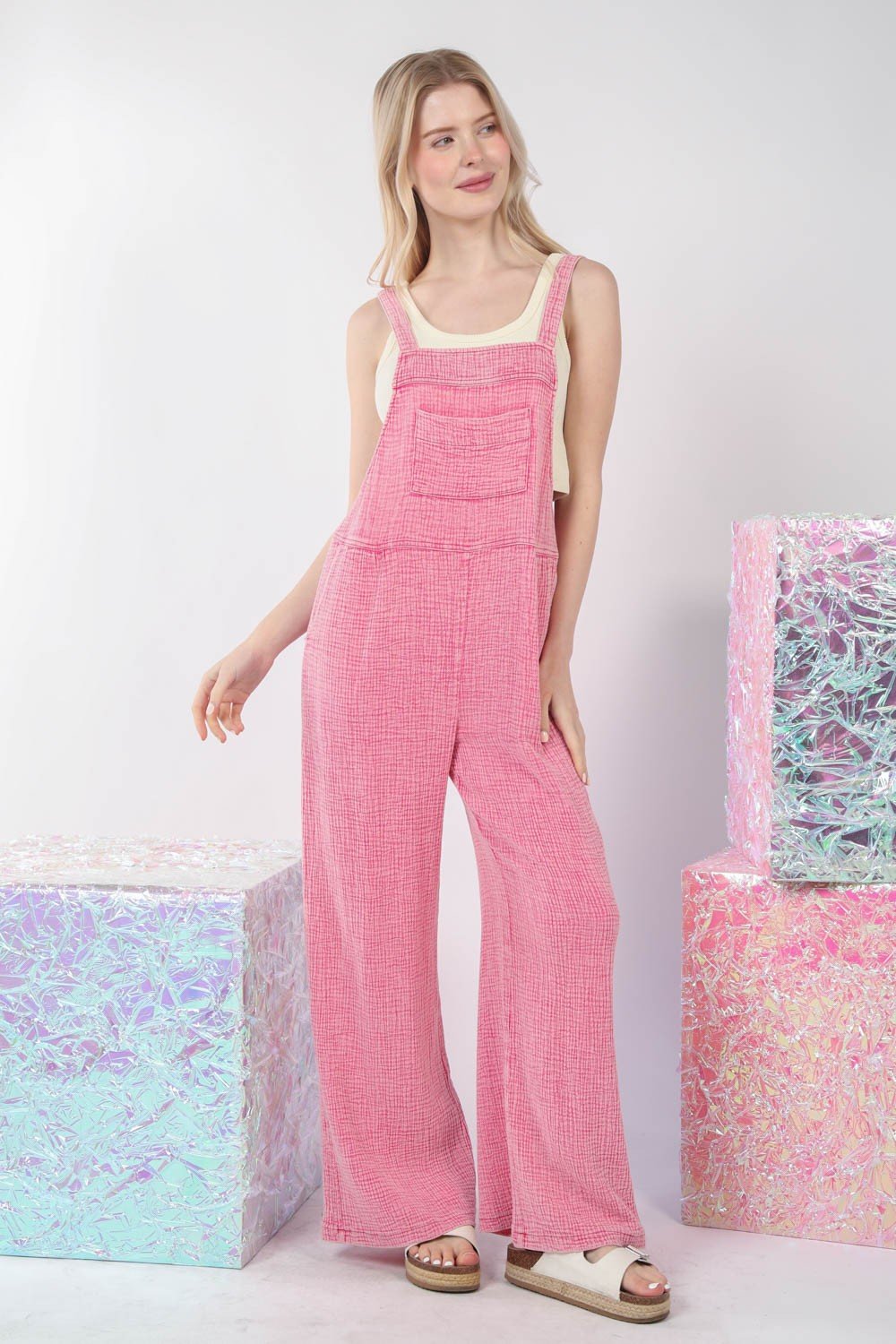 VERY J Texture Washed Wide Leg Overalls - OMG! Rose