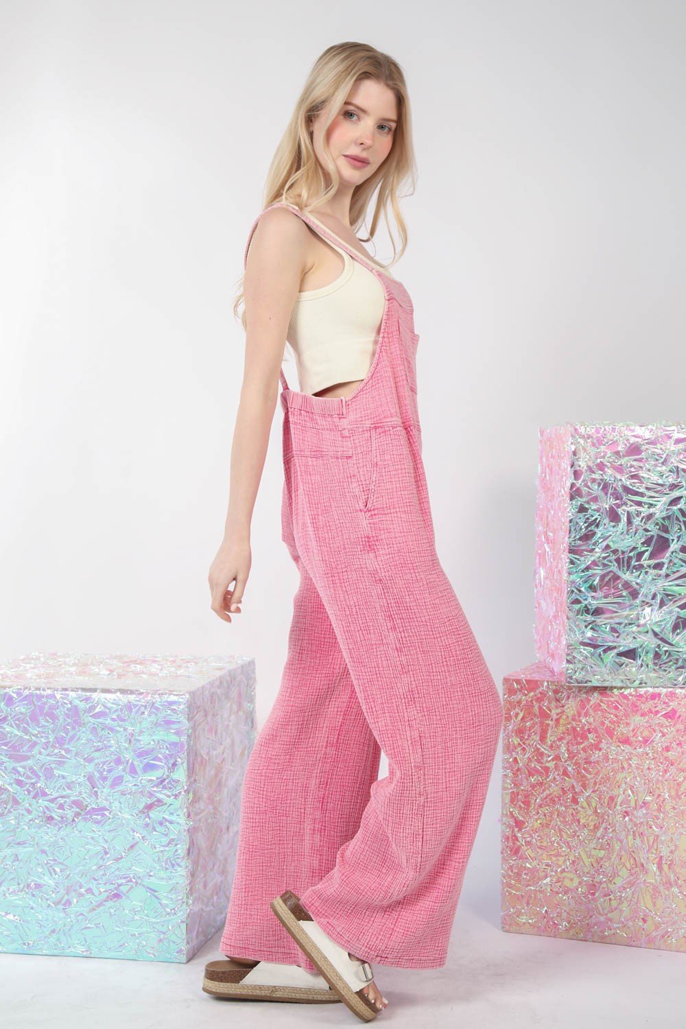 VERY J Texture Washed Wide Leg Overalls - OMG! Rose