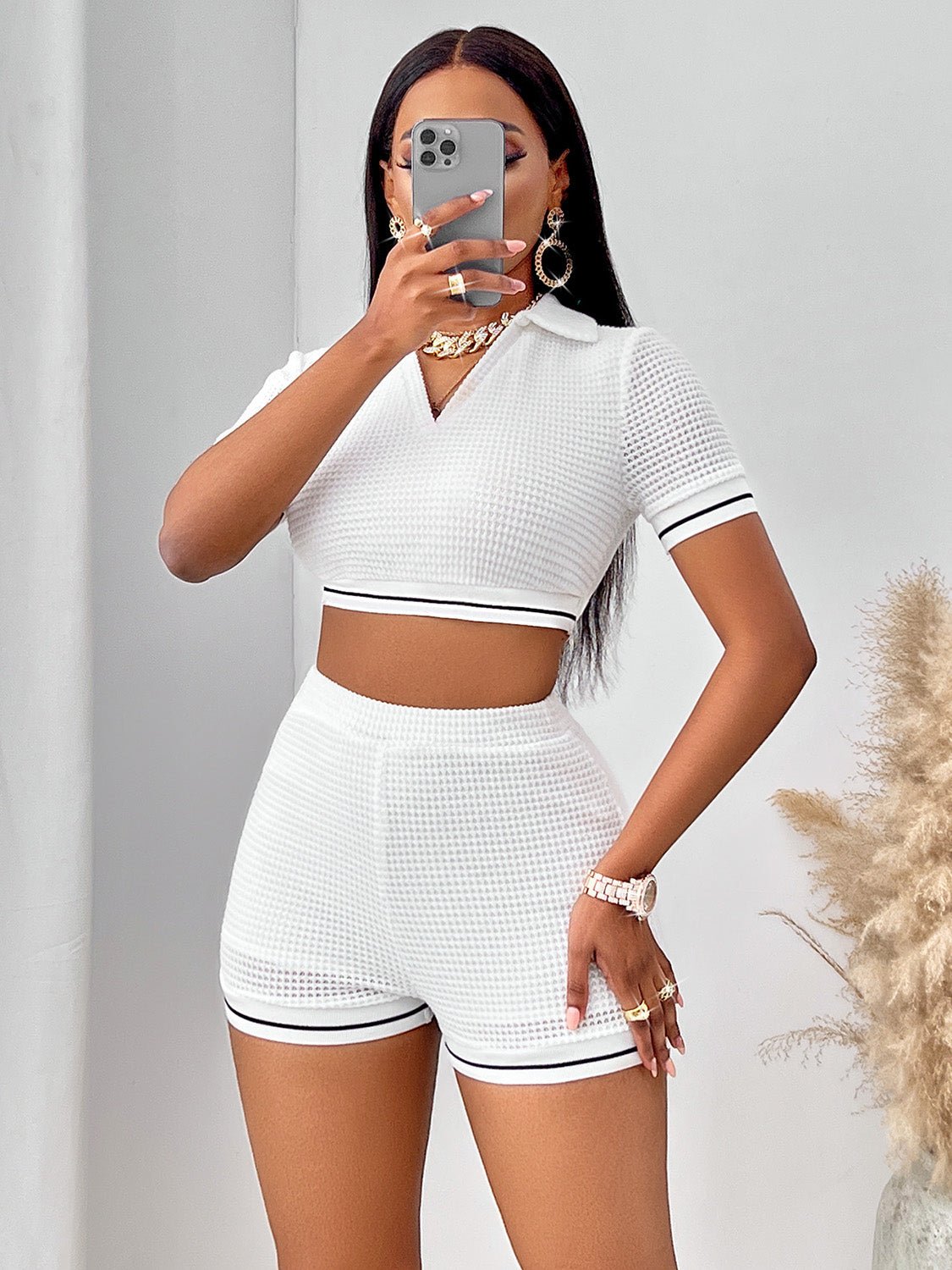 Waffle-Knit Collared Neck Cropped Top and Shorts Set - OMG! Rose