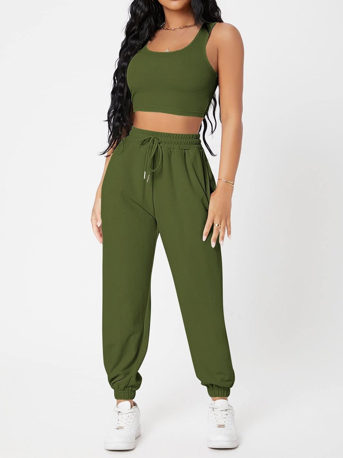 Wide Strap Top and Drawstring Joggers Set - OMG! Rose