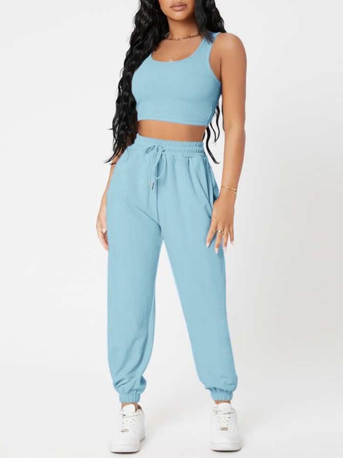 Wide Strap Top and Drawstring Joggers Set - OMG! Rose