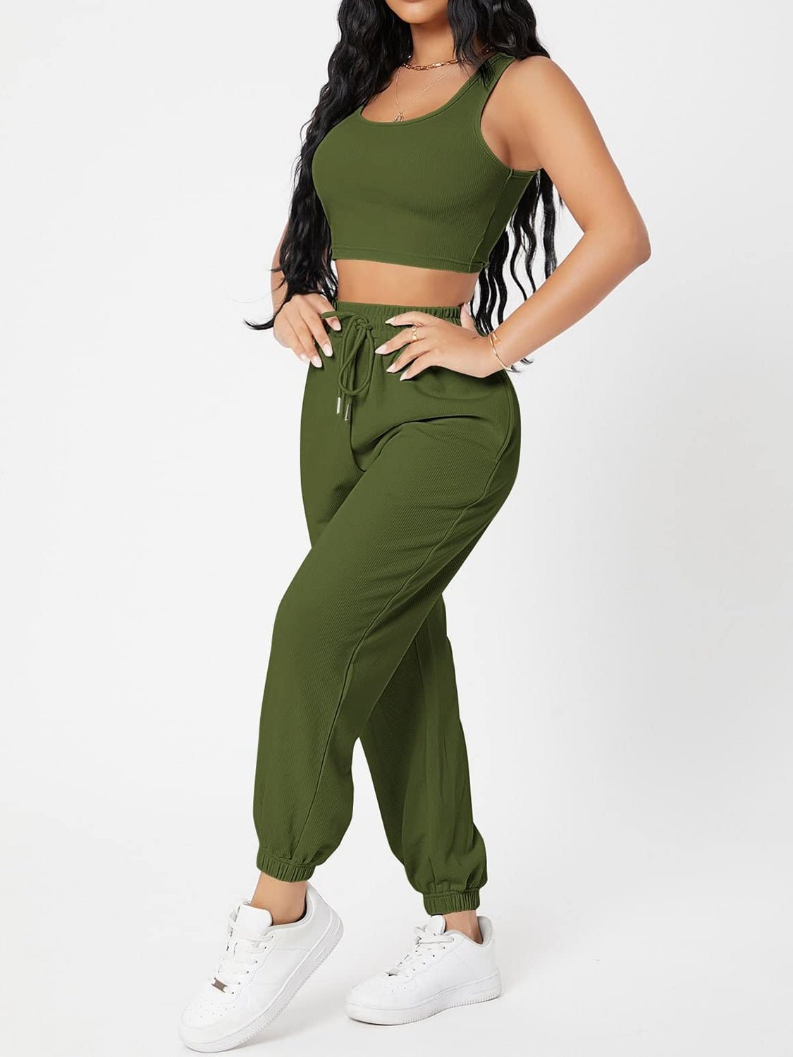 Wide Strap Top and Drawstring Joggers Set - OMG! Rose