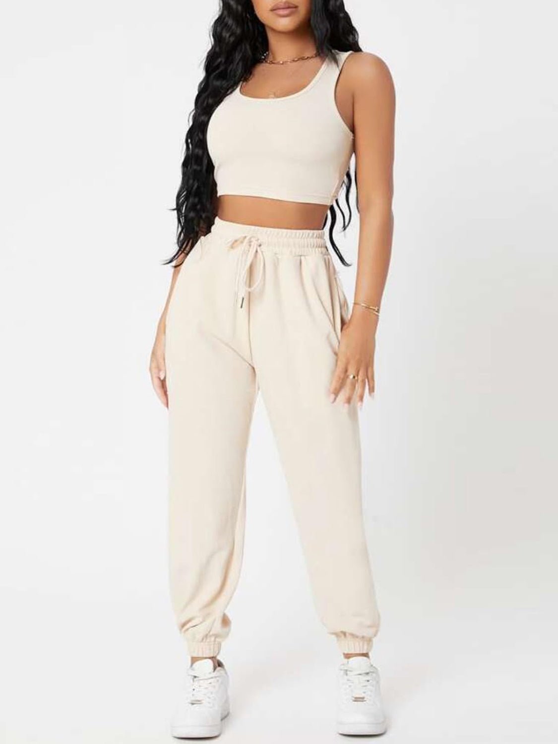 Wide Strap Top and Drawstring Joggers Set - OMG! Rose