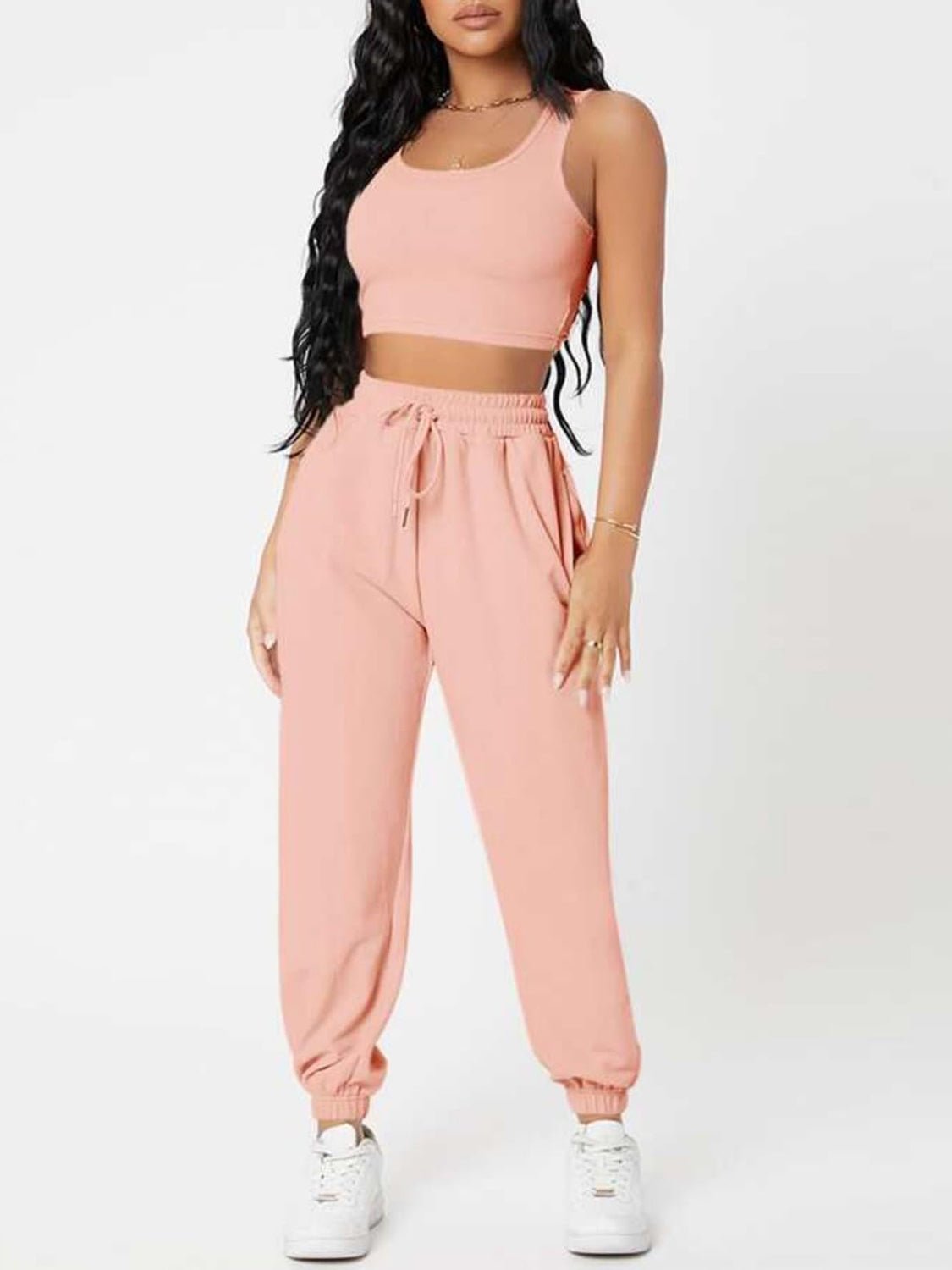 Wide Strap Top and Drawstring Joggers Set - OMG! Rose