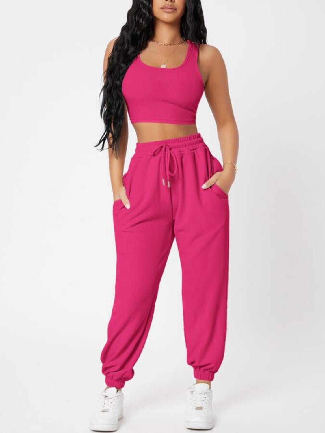 Wide Strap Top and Drawstring Joggers Set - OMG! Rose