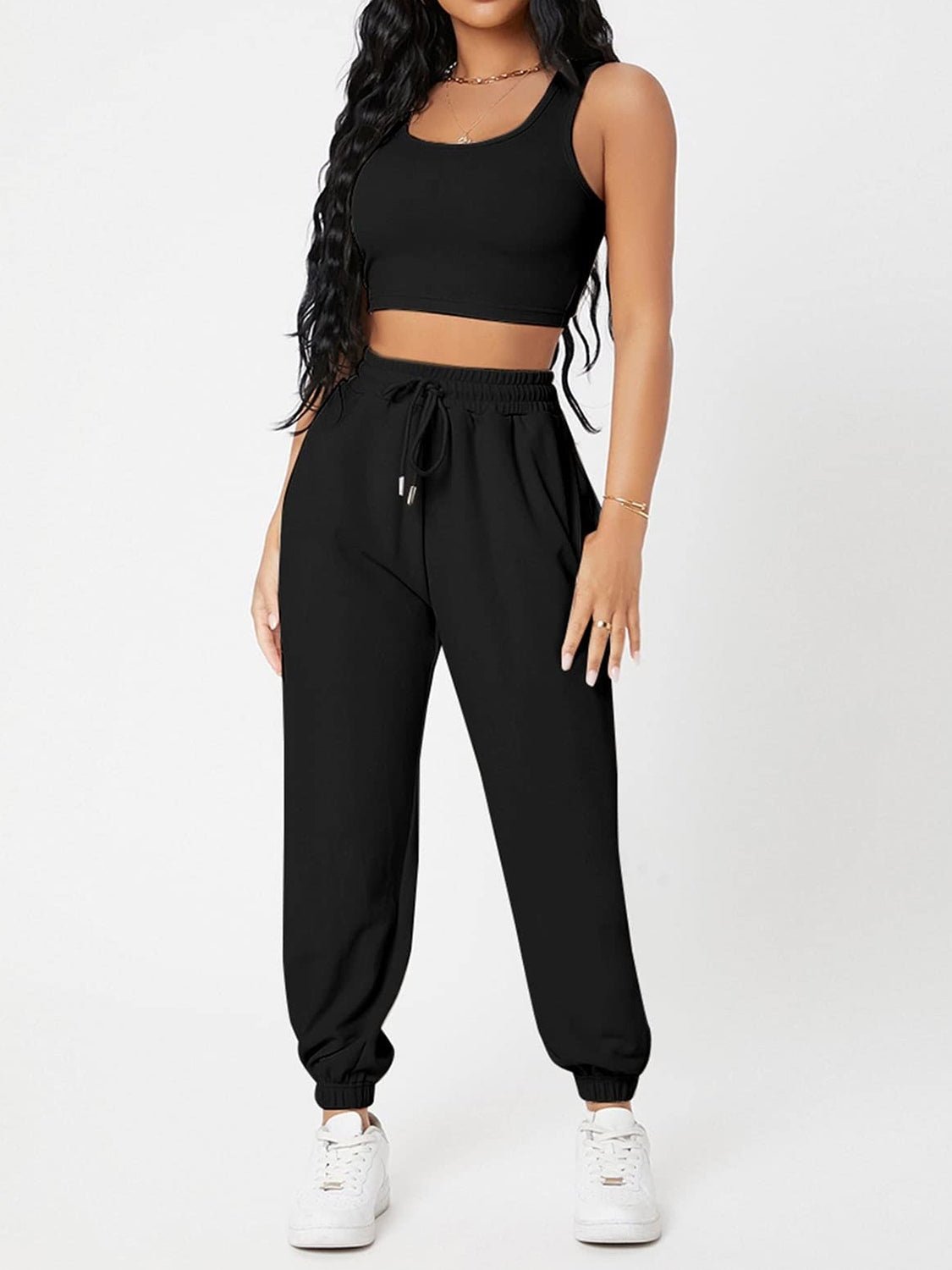 Wide Strap Top and Drawstring Joggers Set - OMG! Rose