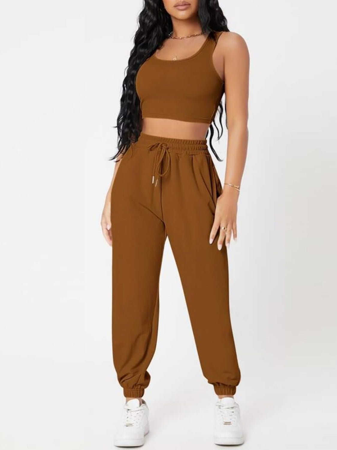 Wide Strap Top and Drawstring Joggers Set - OMG! Rose