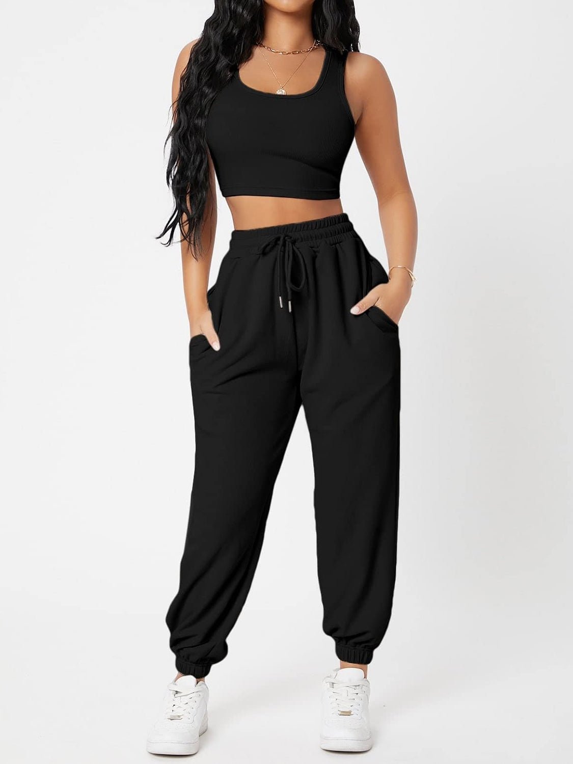 Wide Strap Top and Drawstring Joggers Set - OMG! Rose