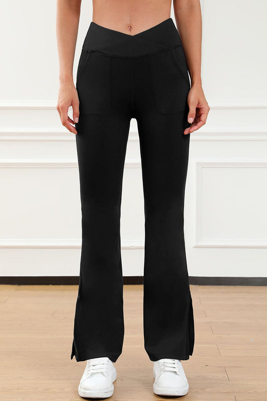 Wide Waistband Slit Bootcut Active Pants - OMG! Rose